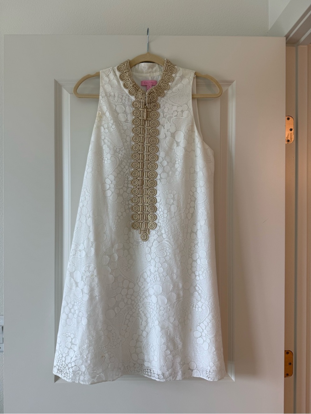 Lily Pulitzer White Lace A-Line Dress with Gold Trim